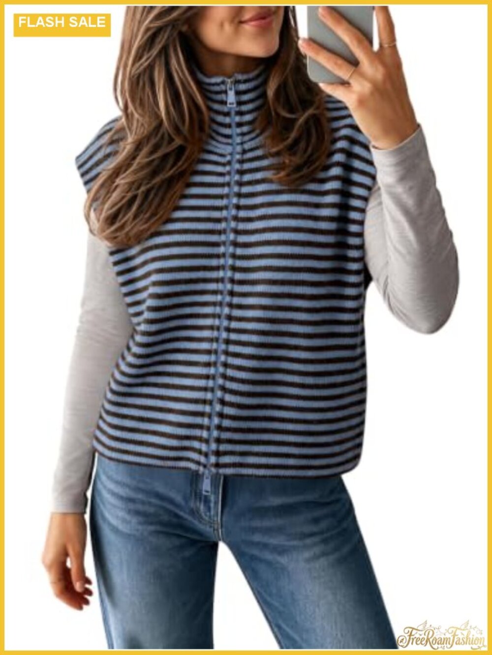 Womens Striped Zip Up Sweater Vest Sleeveless Knit Cardigan